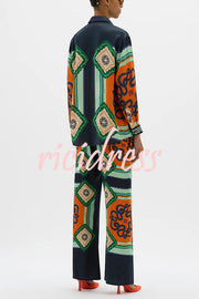 Vacation Times Satin Unique Print Elastic Waist Pocketed Wide Leg Pants