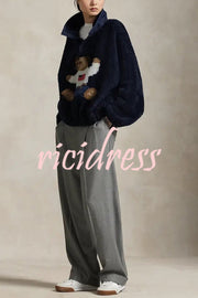 American Retro Polo Bear Pattern Stand Button Neck Long Sleeve Fleece Pullover