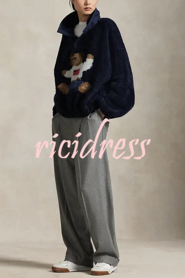 American Retro Polo Bear Pattern Stand Button Neck Long Sleeve Fleece Pullover
