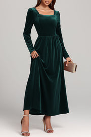 Solid Color Velvet Square Neck Long Sleeve Elegant Maxi Dress