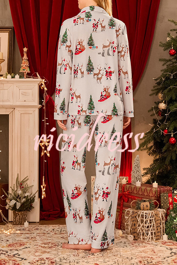 Christmas Holiday Print Long Sleeve Pocket Top and Elastic Waist Loose Pants Set