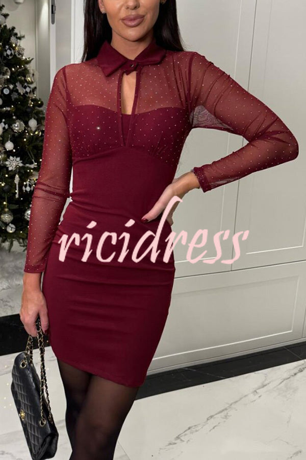 Sexy Energy Mesh Glitter Fabric Cutout Shirt Neck Long Sleeve Stretch Mini Dress