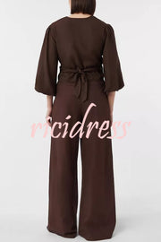 Lets Go Out Linen Blend Balloon Sleeve Wrap Tie-up Loose Top