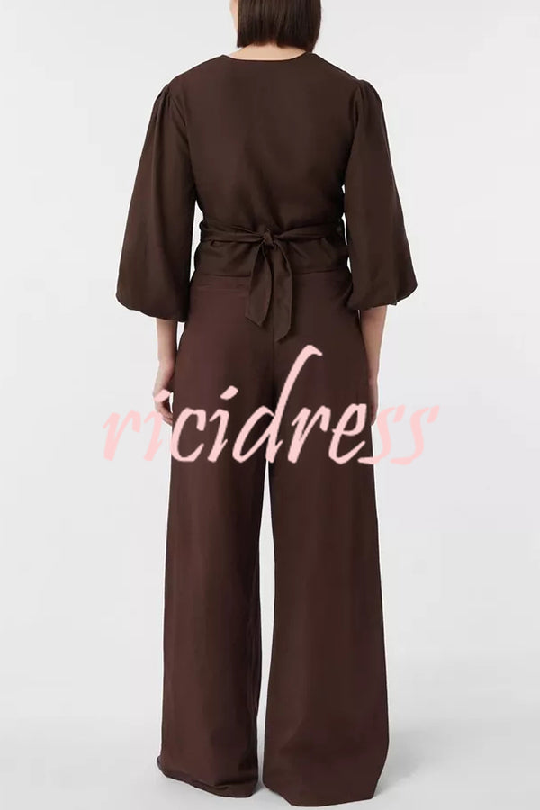 Lets Go Out Linen Blend Balloon Sleeve Wrap Tie-up Loose Top