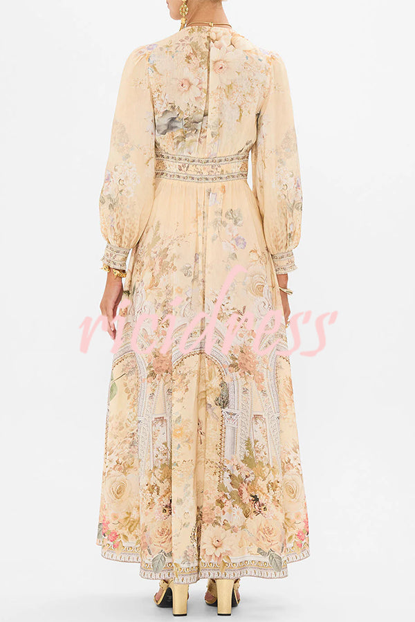 Fairy Tale Print V-Neck Lantern Sleeve Waist Maxi Dress