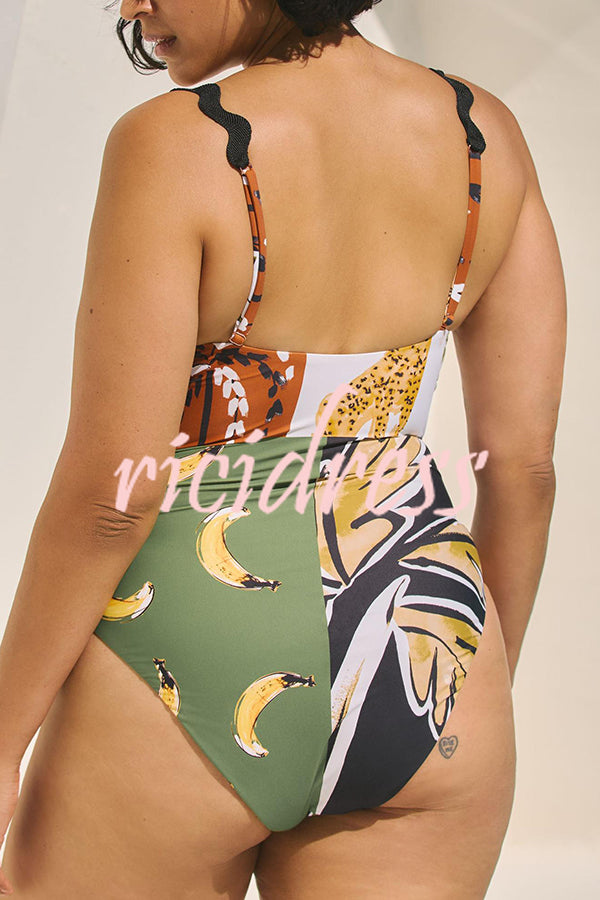 Nature Beauty Unique Leopard Print Ric Rac Strap Stretch One-piece Swimsuit