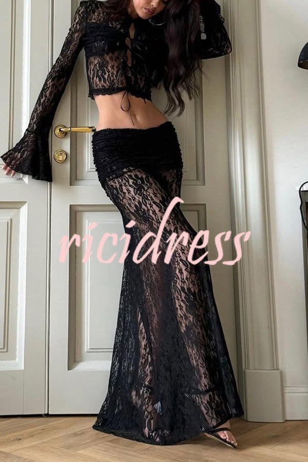 Sexy Lace Long-sleeve Lace-up Top and Pleated Sheer Maxi Skirt Set