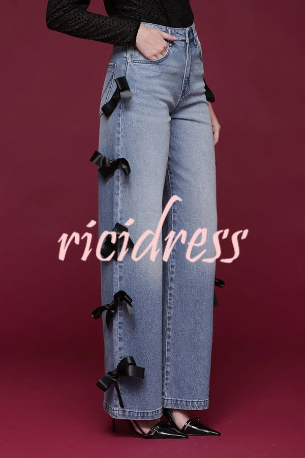 Runway Muse Denim High Rise Bow Trim Pocketed Wide Leg Jeans