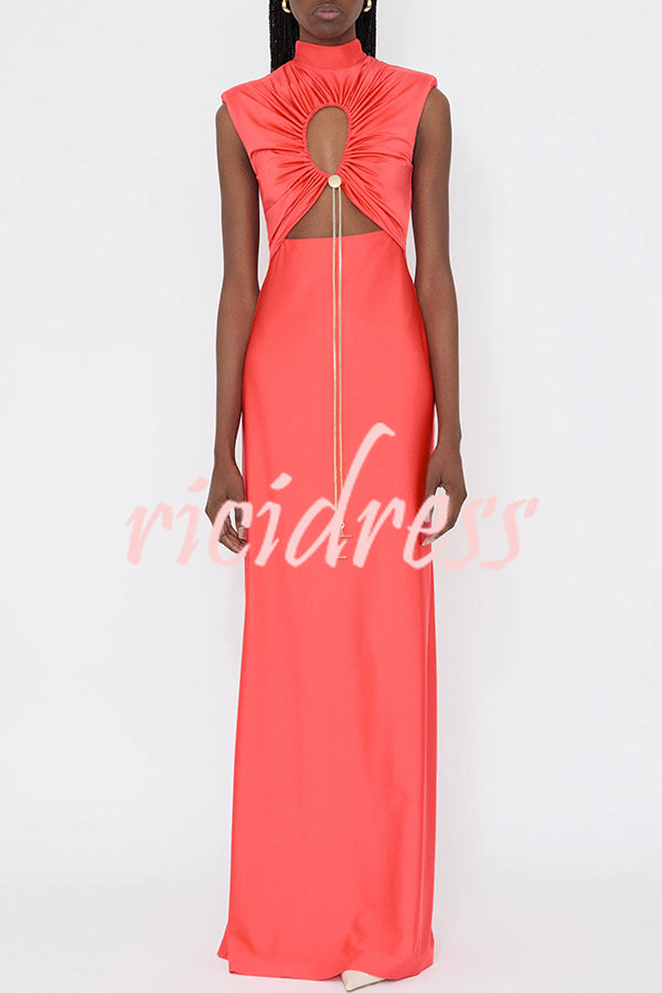 Genis Hollow Elastic Bust High Neck Sleeveless Gathered Maxi Dress