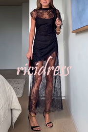 Romantic Statement Lace One Shoulder Bell Sleeve Asymmetrical Maxi Dress