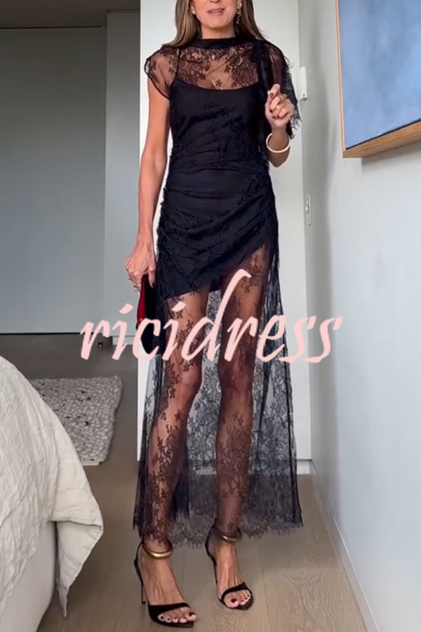 Romantic Statement Lace One Shoulder Bell Sleeve Asymmetrical Maxi Dress