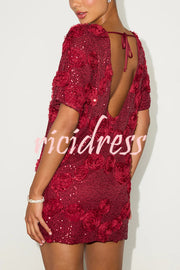 Feeling Exquisite Sequin-embellished Rose Texture Short Sleeve H-line Mini Dress