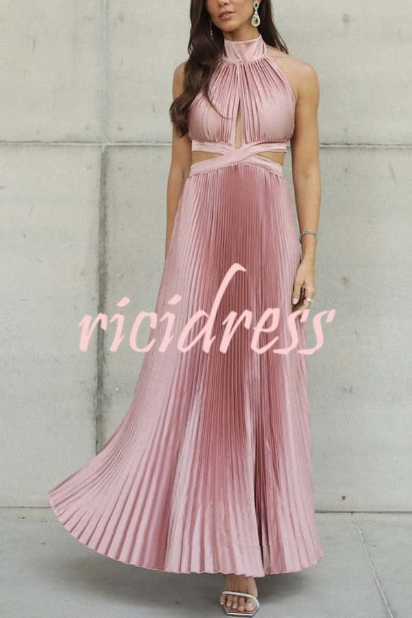 Stunning Choice Satin Pleated Halter High Neck Cutout Waist Backless Maxi Dress