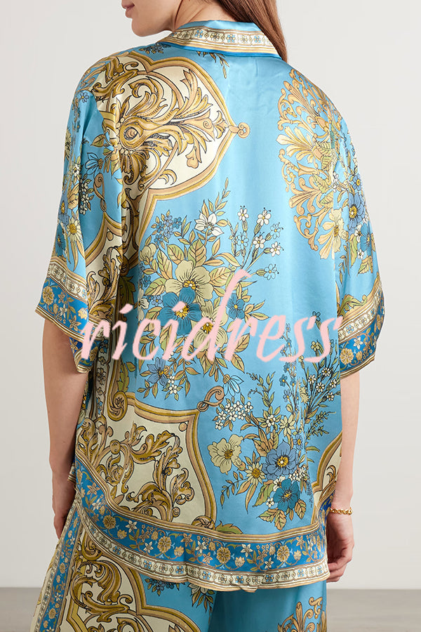 Satin Floral Print Loose Shirt and Elastic Waist Pocket Casual Wide-leg Pants