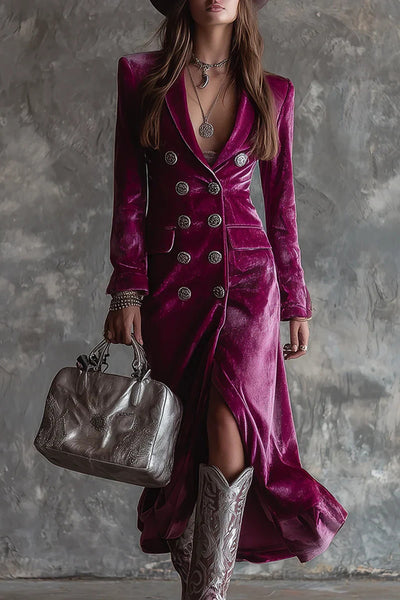 Elegant Velvet Collared Long-Sleeved Double-Breasted Midi Dress