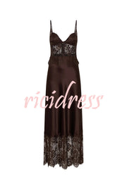 Elegant Evening Satin Lace Patchwork See-through Waist Slip Maxi Dress