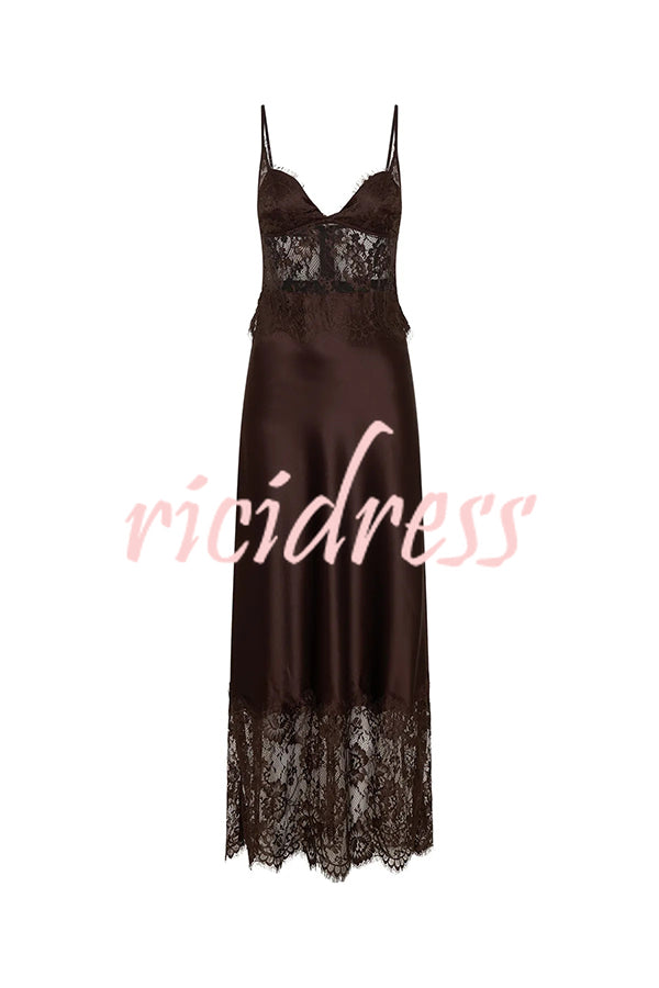 Elegant Evening Satin Lace Patchwork See-through Waist Slip Maxi Dress