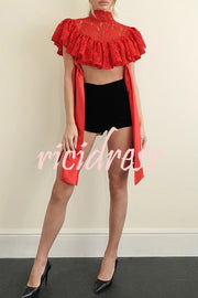 Clarissa Lace High Neck Side Tie-up Cascading Ruffles Cropped Cape Top