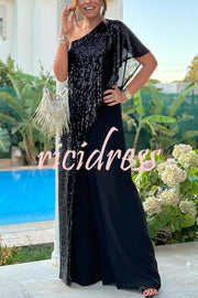 Party Favors Sequin One Shoulder Ruffle Detail Wide Leg Evening Jumpsuit