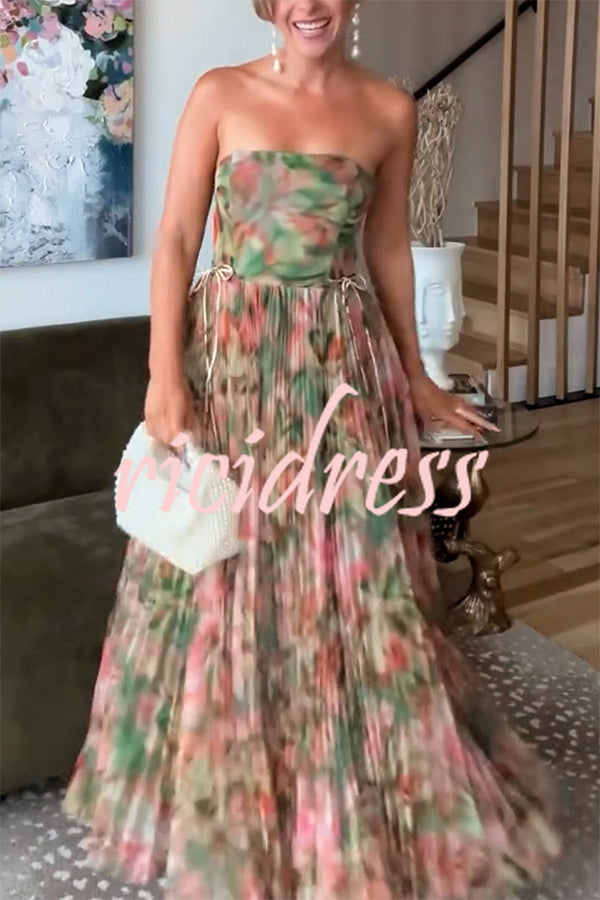 Romantic Factor Pleated Mesh Watercolor Print Bow Detail Strapless Maxi Dress