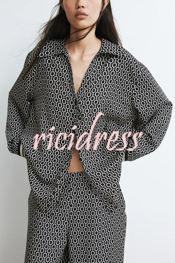 Unique Print Lapel Long Sleeve Loose Shirt and Elastic Waist Casual Pocket Wide Leg Pants Set