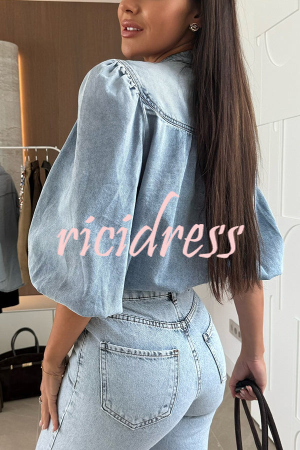 Fashion V-neck Button-down Lantern Sleeve Casual Denim Shirt