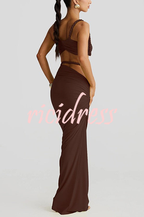 Sexy Halter Back Braided Suspender Top and Beach Holiday Style Hip-wrapped Maxi Skirt Set