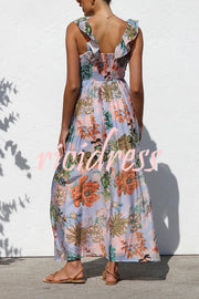 Unique Printed V-neck Ruffled Straps Pleated Back Maxi Dress