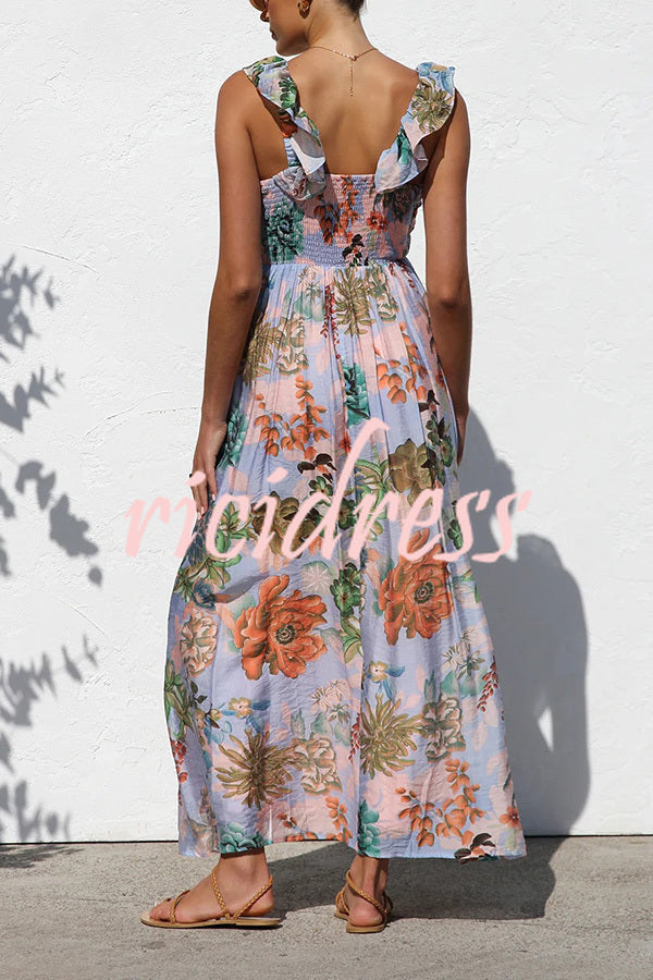 Unique Printed V-neck Ruffled Straps Pleated Back Maxi Dress