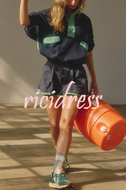 Fashion Contrast Color Stitching Stand Collar Long Sleeve Top and Elastic Waist Loose Pocket Shorts Set
