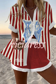 Striped Fish Print Loose Button Elastic Waist Shorts Set