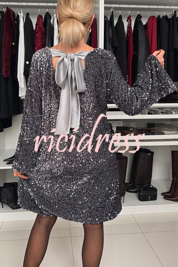 Velvet Sequin Back Bow Bell Sleeves Loose Mini Dress