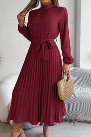 Elegant Stand-collar Long-sleeve Waisted Tie-up Pleated Midi Dress