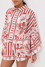 Like Paradise Floral Print Wide Sleeve Shirt and Elastic Waist Pocketed Shorts Set