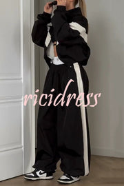 Fashionable Contrasting Long-sleeved Loose Coat and Elastic Waist Wide-leg Pants Set