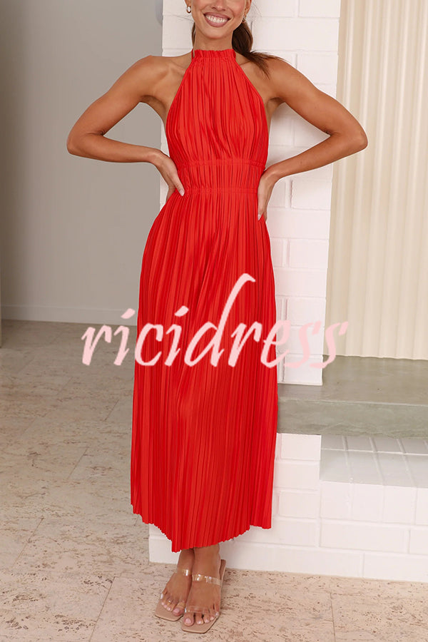 Frances Pleated Textured Fabric Halter Backless Elastic Strap Maxi Dress
