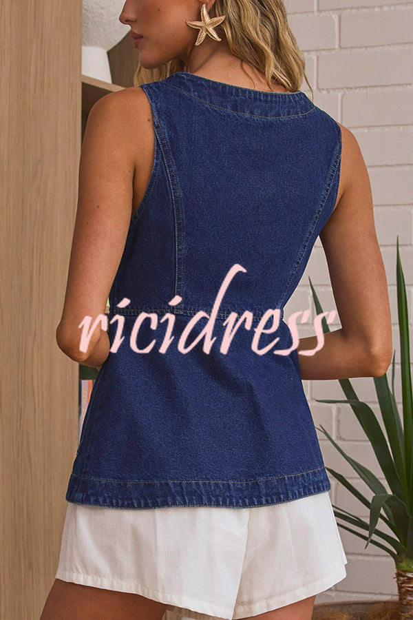 Fashionable Casual Slim Fit Button Pocket Denim Vest