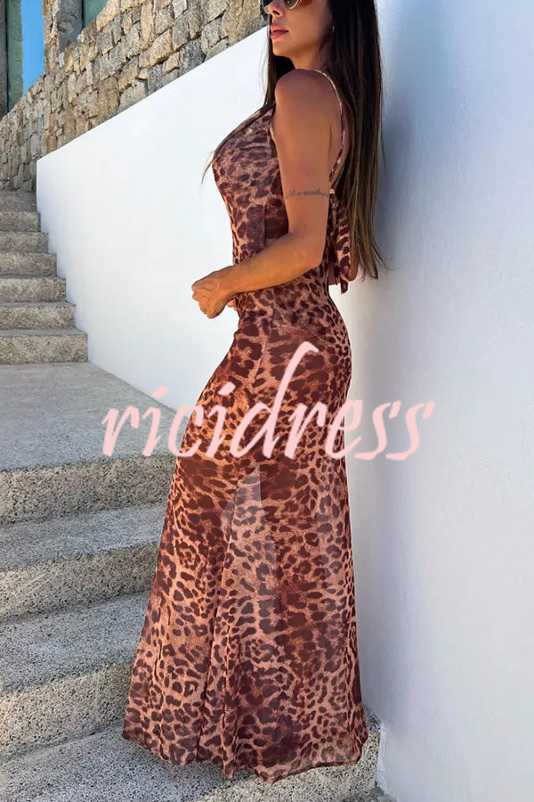 Leopard Print Sexy Strap Holiday Cover Up Maxi Dress