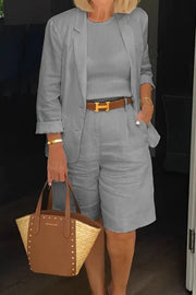 Solid Color Lapel Long-sleeved Loose Top and Casual Pocket Shorts Set