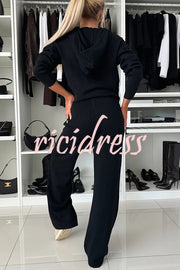 Solid Color Loose Hooded Tie Sweatshirt and Elastic Waist Casual Straight Pants Set