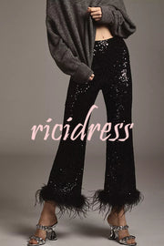 New Year Eve Sequin Feather Trim High Rise Back Zipper Flare Pants