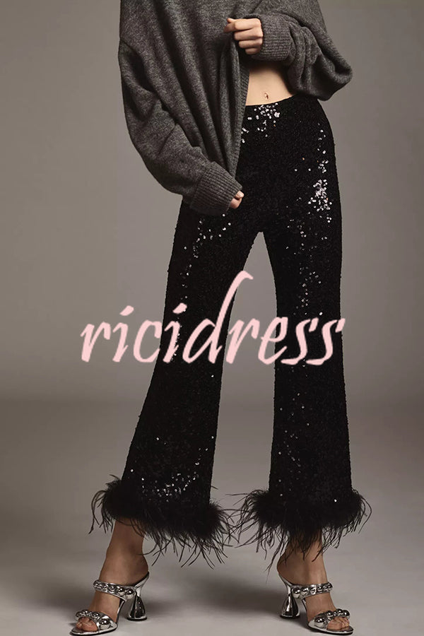 New Year Eve Sequin Feather Trim High Rise Back Zipper Flare Pants