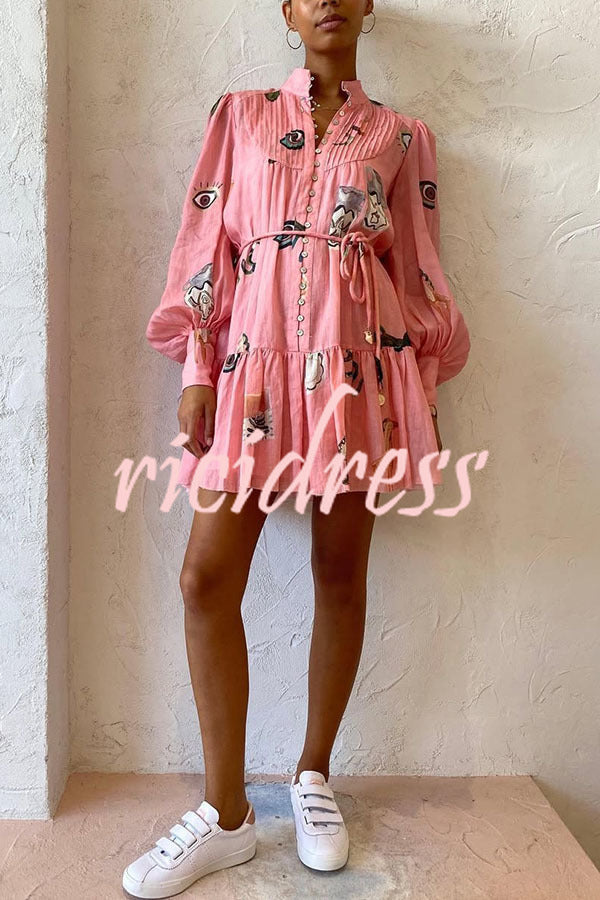 Unique Print Single Breasted Balloon Sleeve Tie Waist Ruffled Mini Dress