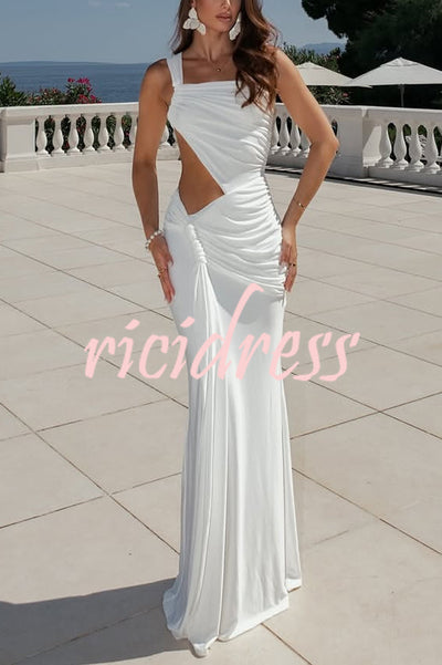 Sexy One-shoulder Backless Ribbon Pleated Slim Maxi Dress