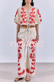 Till Sunset Linen Blend Unique Print Lace-up Puff Sleeve Shirt
