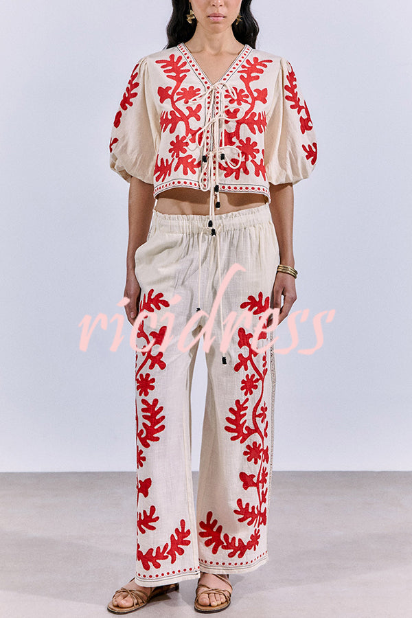 Till Sunset Linen Blend Unique Print Lace-up Puff Sleeve Shirt