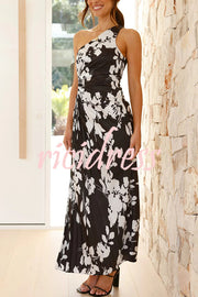 Laken Floral Print One Shoulder Adjustable Tie Cutout Pleated Maxi Dress