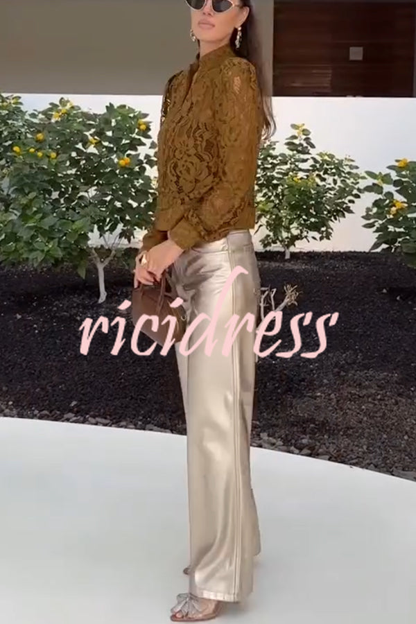 Palace Style Crochet Flower Lace Stand Neck Button Puff Sleeve Jacket