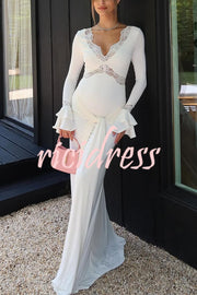 Fashion Lace Splicing Sexy V-neck Long-sleeved Slim Maxi Dress