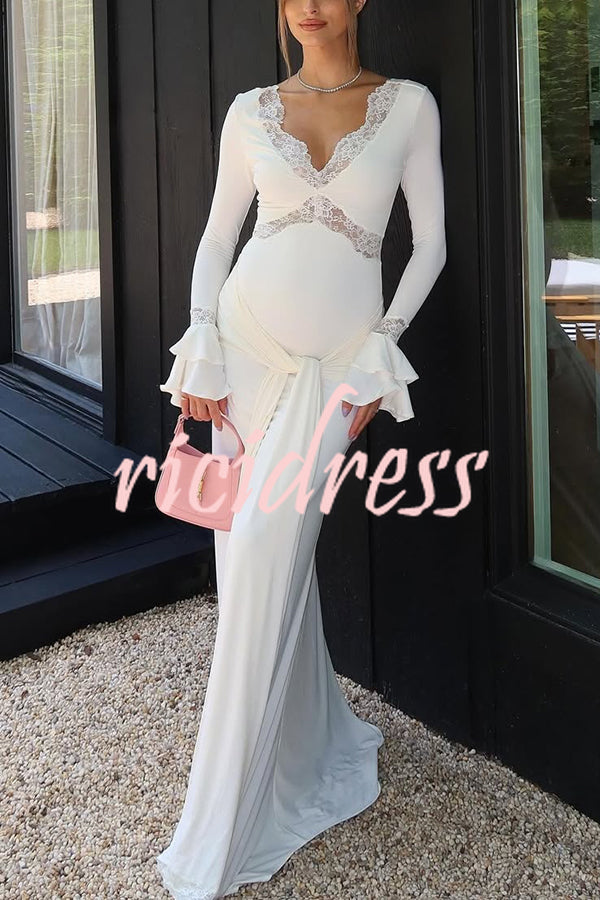 Fashion Lace Splicing Sexy V-neck Long-sleeved Slim Maxi Dress